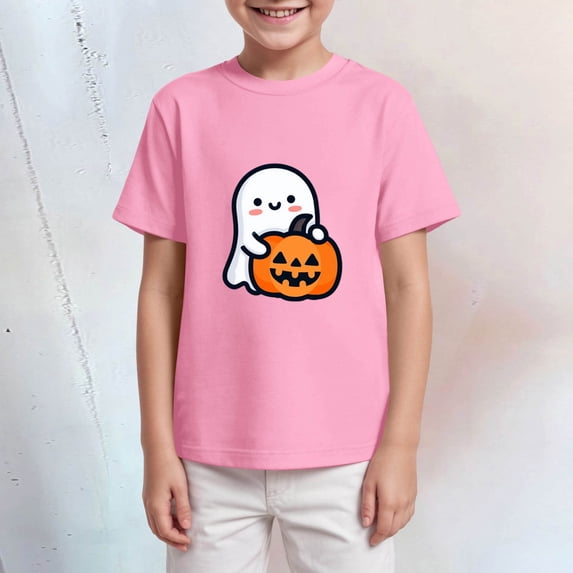 Kids Short Sleeve T Shirt for Boys Girls Cute Ghost Holding Pumpkin Graphic Casual Holiday Crew Neck Tees Tops