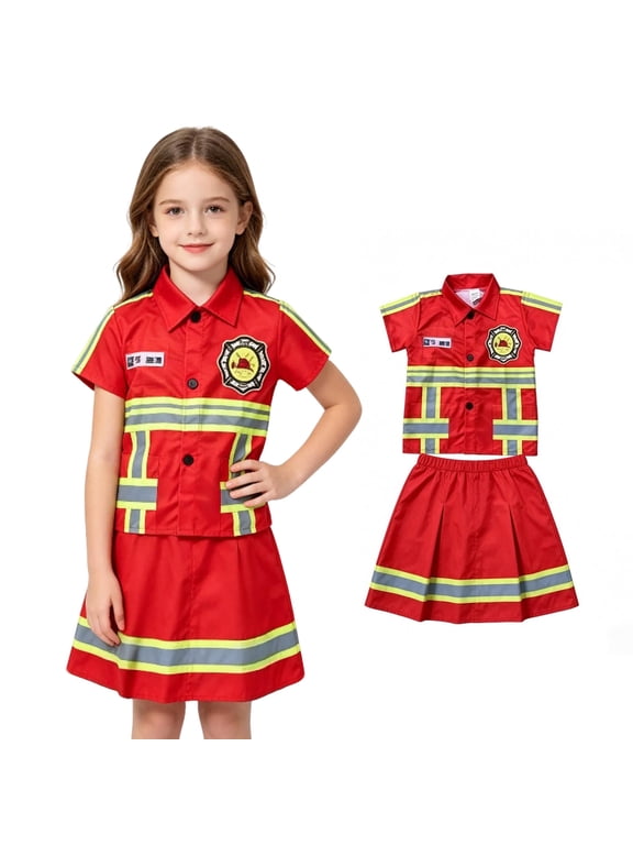 Kids Short Sleeve Top with Skirt Two Piece Set Fire Fighter Costume Cosplay Costume Girls Halloween Costume Size 5-10 Years