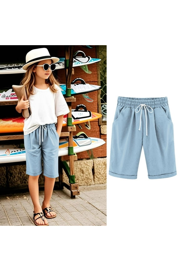 Kids Shorts Girls Bermuda Shorts Knee Length High Waisted Summer Shorts with Pockets