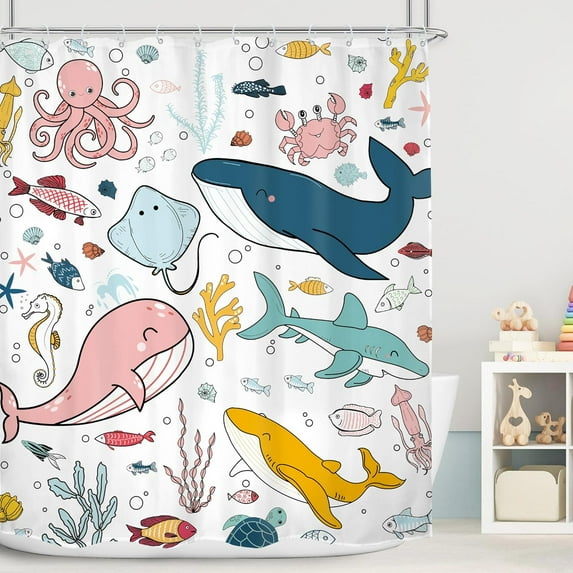 Kids Shower Curtain 60Wx72H Ocean Whale Funny Cartoon Fish Cute Animal Sealife for Nursery Baby Boys Girls Bathroom Decor Underwater Coastal Colorful Bath Curtain Fabric Polyester 12 Pack Hooks