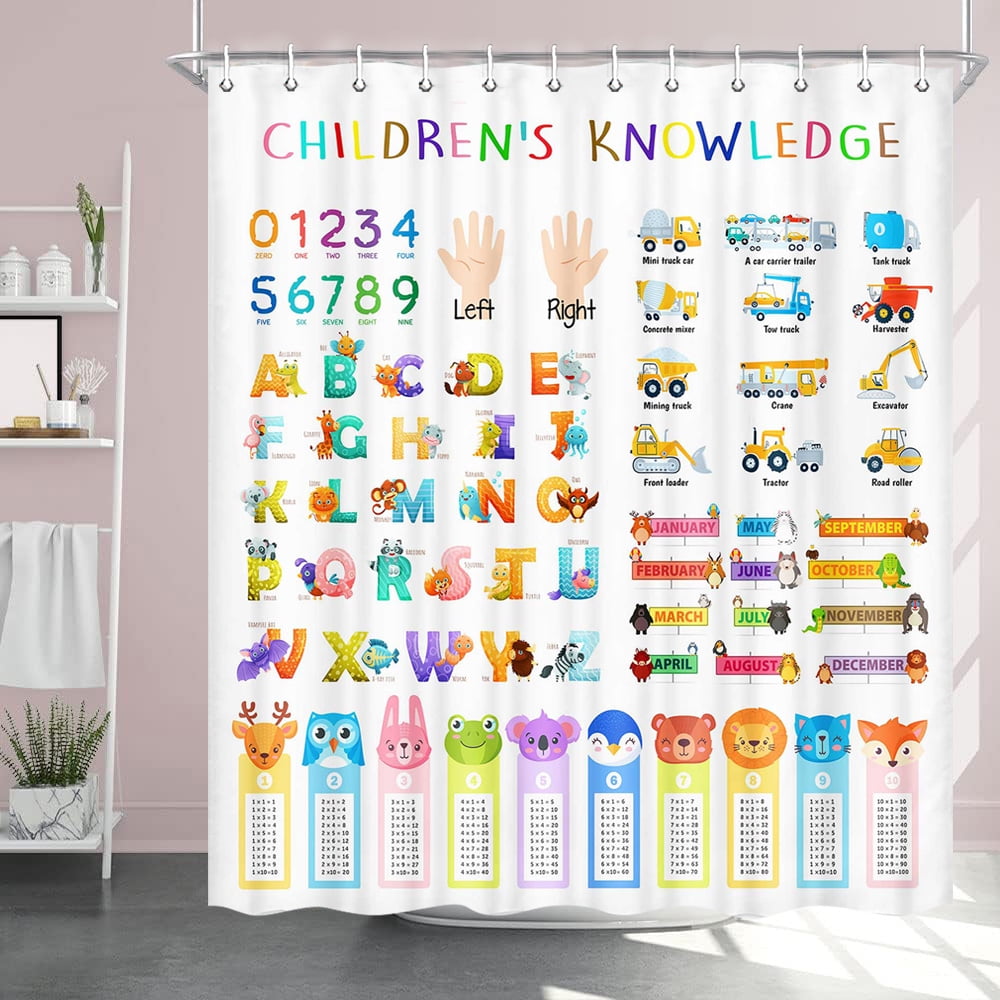 Kids Shower Curtain, ABC Multiplication Table Educational Shower Curtain for Kids, Cartoon