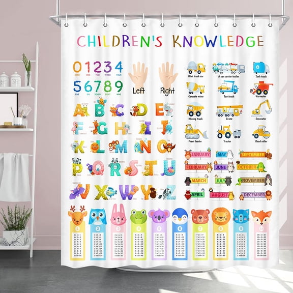 Kids Shower Curtain, ABC Multiplication Table Educational Shower Curtain for Kids, Cartoon Animal Alphabet Learning Shower Curtain, Classroom Number Kids Bathroom Set Accessories with Hooks 48X70IN
