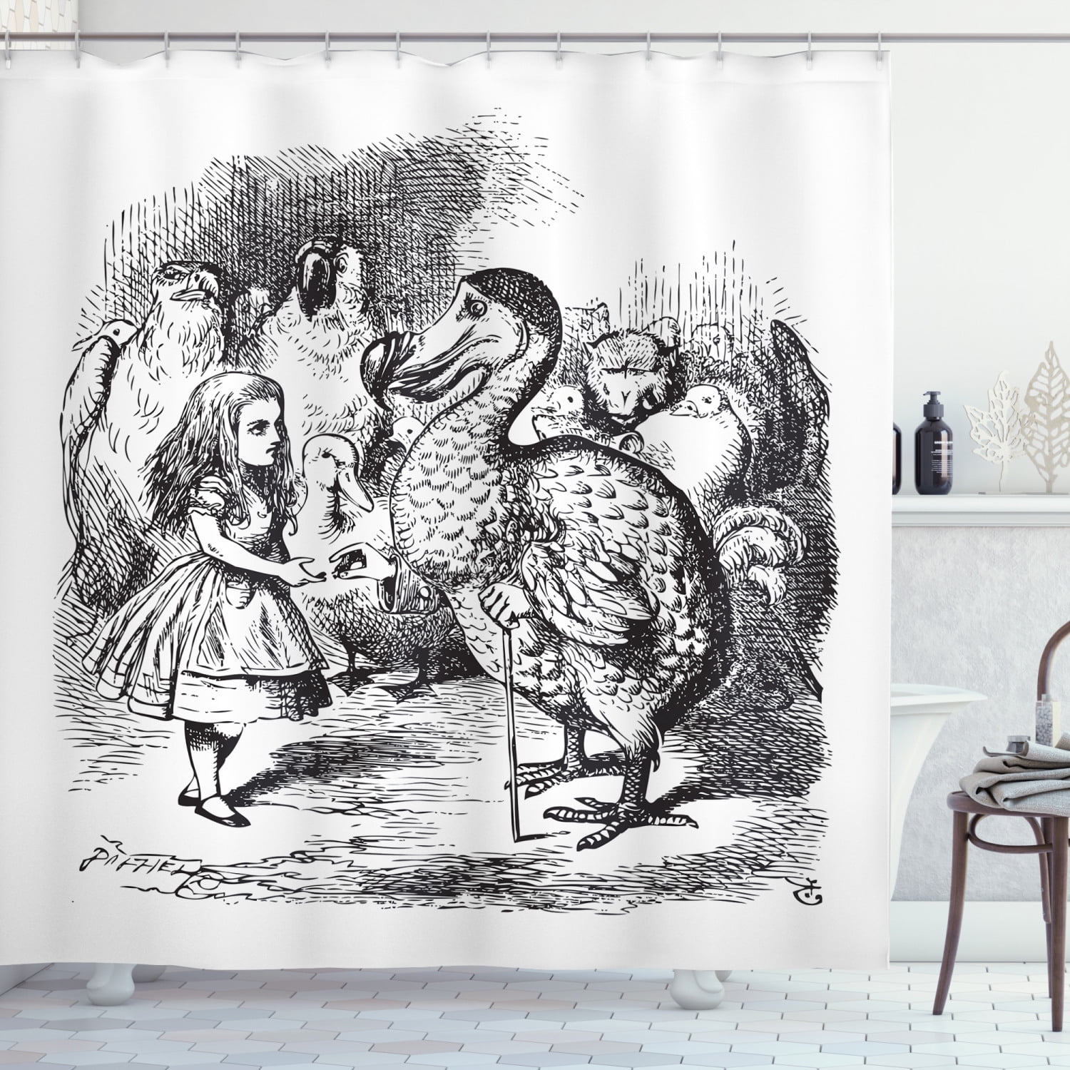 Kids Shower Curtain, Alice in Wonderland with Dodo Animal Adventures Big Bird Sketch Children Theme, Fabric Bathroom Set with Hooks, 69W X 75L Inches Long, Black and White, by Ambesonne