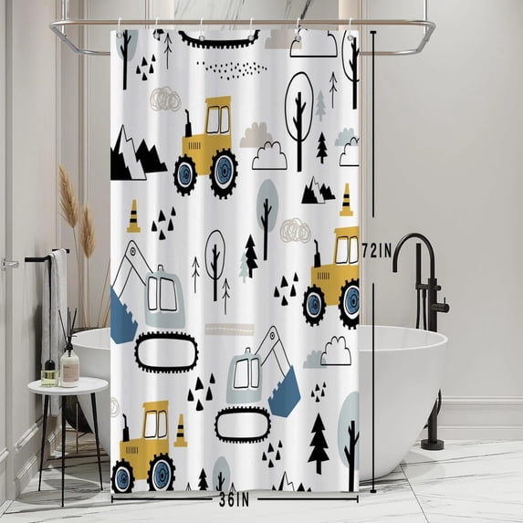 Kids Shower Curtain for Bathroom, Cartoon Excavator Shower Curtain Set with Hooks Construction Car Leaves Trees Waterproof Fabric Shower Curtains for Dorm RV Stall Hotel 36\u201dWx72\u201dL