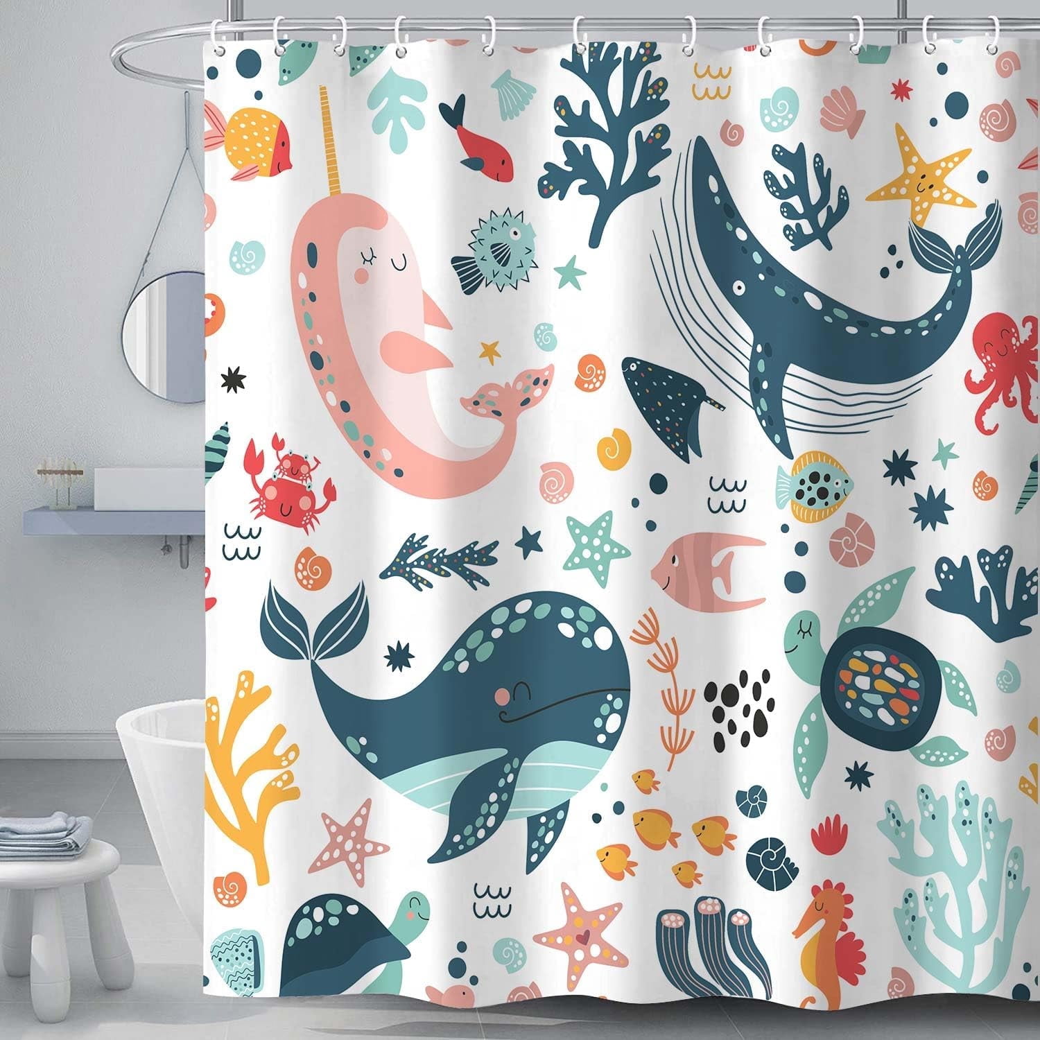 Kids Shower Curtain for Bathroom, Whale Fish Baby Cartoon Ocean ...