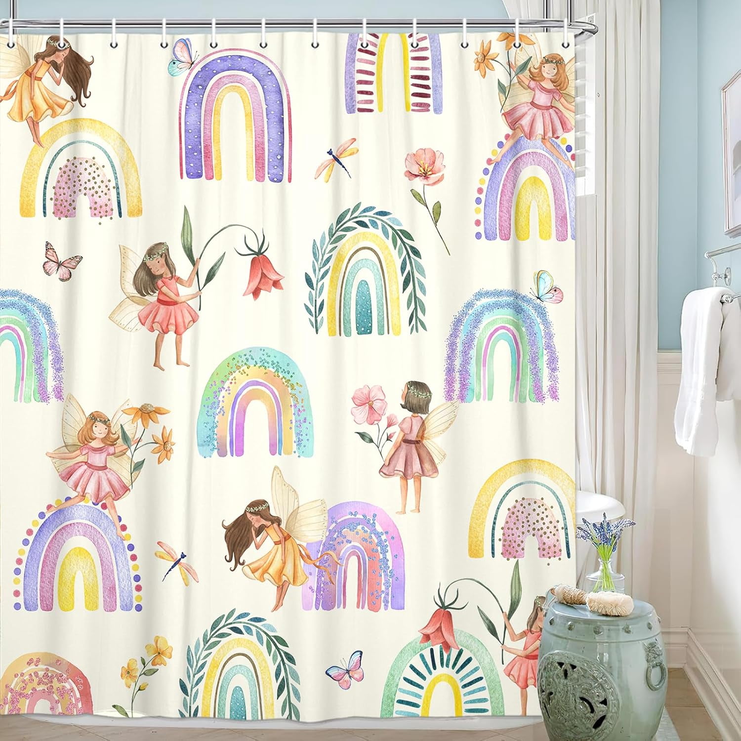 Kids Shower Curtain, Boho Rainbow Shower Curtain Set for Baby Girls Bathroom, Cute Modern Toddler Fairy Fabric Shower Curtain Restroom Bathtub Decor Accessories with Hooks 72X 72 inch