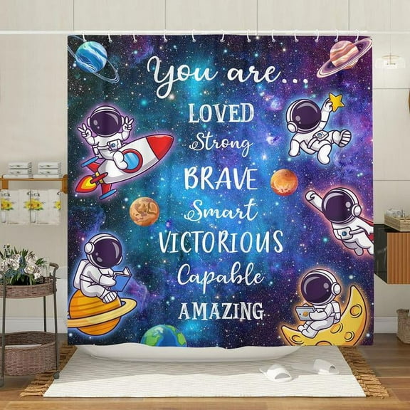 Kids Shower Curtain, Cartoon Galaxy Child Cute Astronaut Rocket Fabric Bathroom Curtains, Funny Boy Outer Space Bathroom Shower Curtain with 12PCS Hooks, 60X70IN
