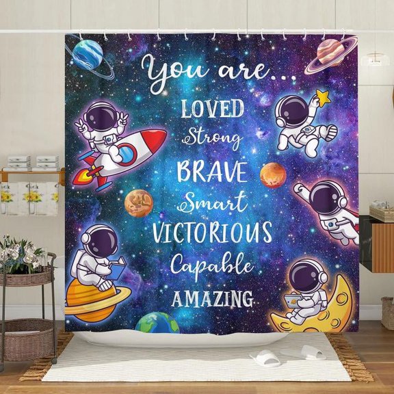 Kids Shower Curtain, Cartoon Galaxy Child Cute Astronaut Rocket Fabric Bathroom Curtains, Funny Boy Outer Space Bathroom Shower Curtain with 12PCS Hooks, 70X70IN