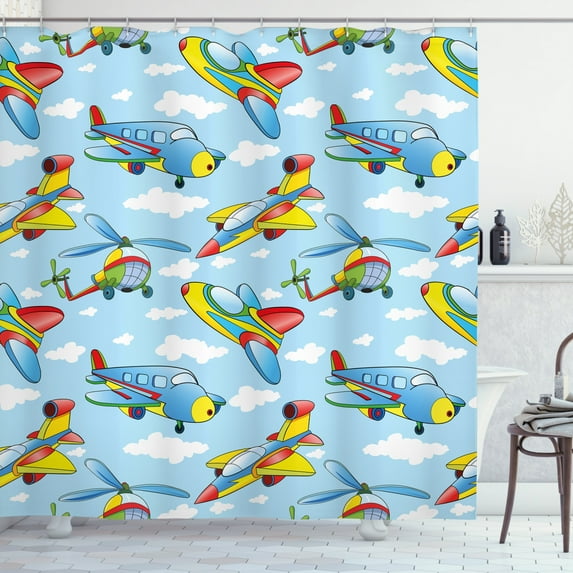 Ambesonne Plane Shower Curtain, Planes and Helicopters, 69"Wx75"L, Yellow and Blue