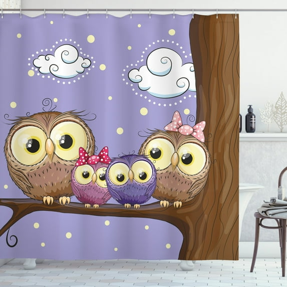 Ambesonne Bird Shower Curtain, Cartoon Style Owl Family, 69"Wx84"L, Lavender and Brown