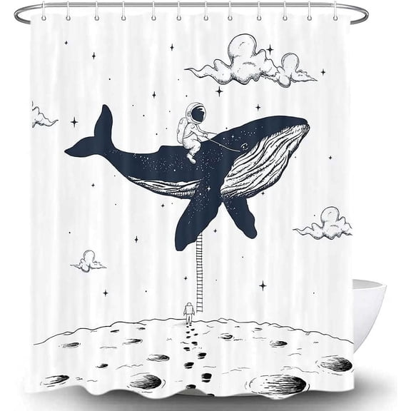 Kids Shower Curtain Cool Astronaut Bathroom Decor, Fantasy Whale Planet Boys Girls Cool Bathtub Curtains, Cute White Cloth Fabric Shower Curtain Sets with Hooks, 69X70 Inch
