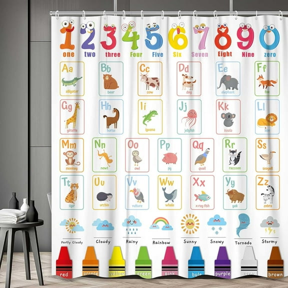 Kids Shower Curtain, Cute Cartoon Alphabet ABC Animal Educational Number Learning Colorful Bath Curtain Set for Baby Girls Boys Polyester Fabric Waterproof Shower Curtain with Hooks 70X70IN