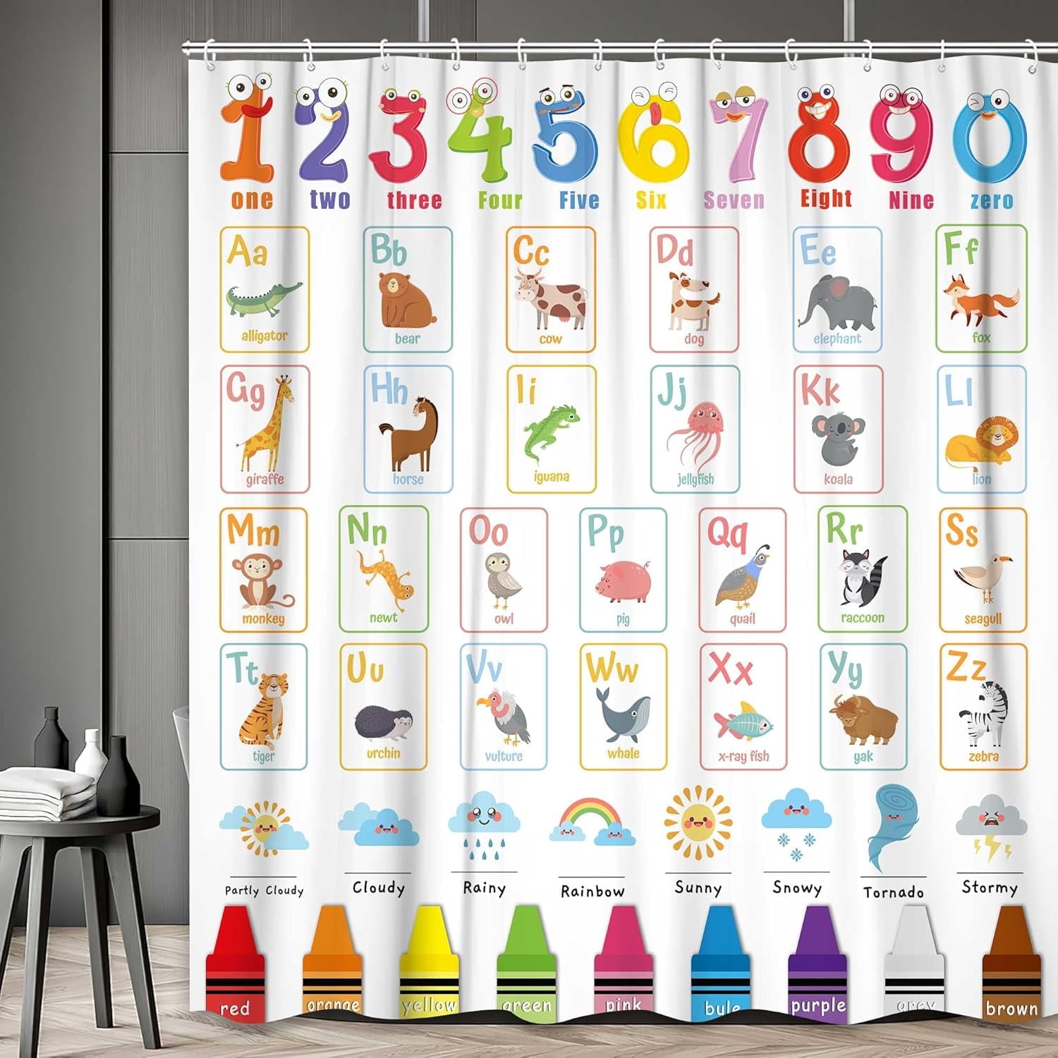 Kids Shower Curtain, Cute Cartoon Alphabet ABC Animal Educational Number Learning Colorful Bath Curtain Set for Baby Girls Boys Polyester Fabric Waterproof Shower Curtain with Hooks 60X70IN