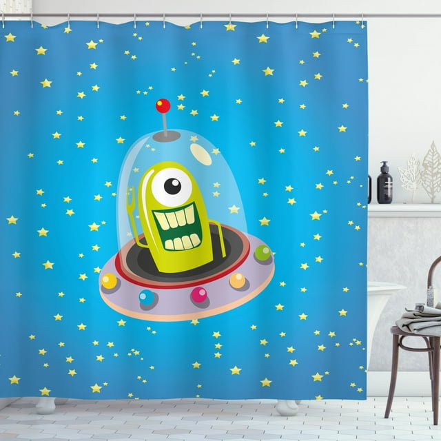 Ambesonne Space Shower Curtain, Comic UFO and Alien, 69"Wx70"L, Multicolor