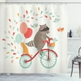 thumbnail image 1 of Kids Shower Curtain, Cute Raccoon on Bicycle with a Cat Friend and Balloons Happy Birthday Journey Theme, Fabric Bathroom Set with Hooks, 69W X 84L Inches Extra Long, Multicolor, by Ambesonne, 1 of 3