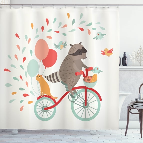 Kids Shower Curtain, Cute Raccoon on Bicycle with a Cat Friend and Balloons Happy Birthday Journey Theme, Fabric Bathroom Set with Hooks, 69W X 84L Inches Extra Long, Multicolor, by Ambesonne