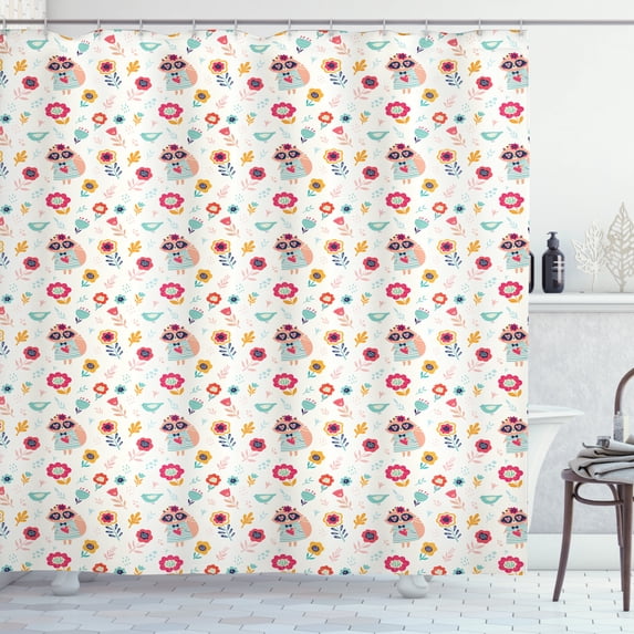 Kids Shower Curtain, Cute Raccoon in Flower Field with Birds Heart Doodle Style Hand Drawn Childish Design, Fabric Bathroom Set with Hooks, 69W X 70L Inches, Multicolor, by Ambesonne