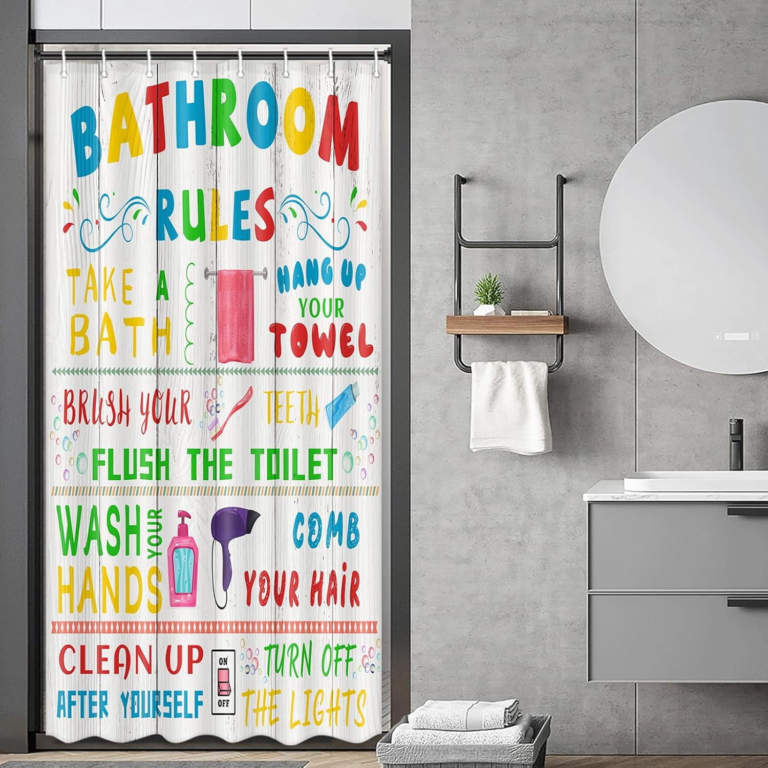 Kids Shower Curtain, Funny Teen Boy Girl Shower Curtain Set for College Dorm Bathroom, Cute Colorful Bathroom Rules Fabric Shower Curtain Restroom Bathtub Decor Accessories with Hooks 36X 72 inch