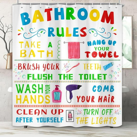Kids Shower Curtain, Funny Teen Boy Girl Shower Curtain Set for College Dorm Bathroom, Unisex Colorful Bathroom Rules Fabric Shower Curtain Restroom Bathtub Decor Accessories with Hooks 72X 84 inch