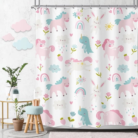 Kids Shower Curtain Girls Rainbow Dinosaur Dino Funny Fairy Animal Cartoon Cute Horse Pink Flower 72Wx72L Inch Lovely Rabbit Bathroom Set Princess Bath Curtain Bathtub Accessories Home Decor
