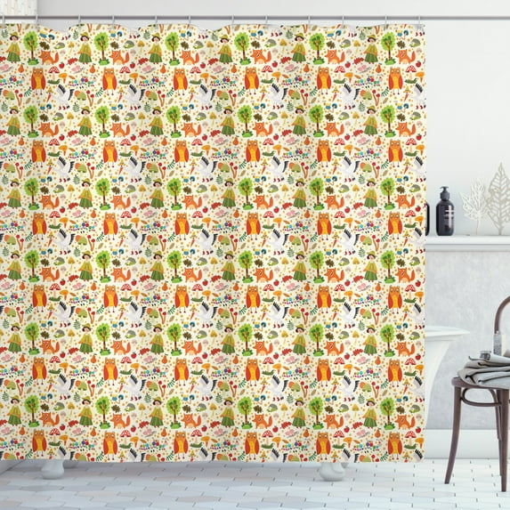 Kids Shower Curtain, Hand Drawn Toon Forest Habitant Family Fox Stork Hedgehog Caterpillar and Mushrooms, Fabric Bathroom Set with Hooks, 69W X 84L Inches Extra Long, Multicolor, by Ambesonne