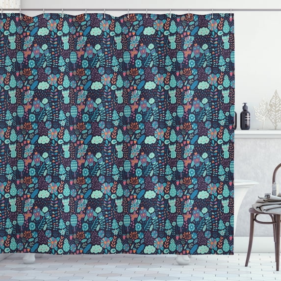 Kids Shower Curtain, Nocturnal Concept of Colorful Cats Happy Faced Rainy Clouds Goofy Owls and Flowers, Fabric Bathroom Set with Hooks, 69W X 70L Inches, Multicolor, by Ambesonne
