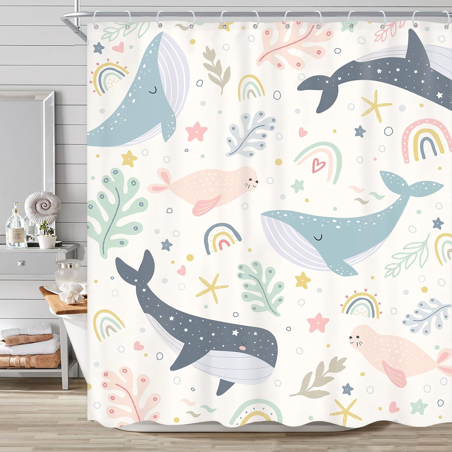 Kids Shower Curtain Ocean Cute Whale Rainbow Girls Cartoon Funny Sea ...