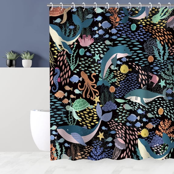 Kids Shower Curtain Ocean Shower Curtains, Cute Animal Bathroom Shower Curtain with Hooks Under The Sea Bathroom Decor Cartoon 72''''W x 72''''H Machine Washable (Blue)