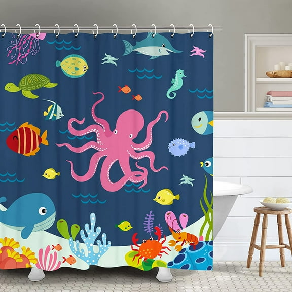 Kids Shower Curtain, Ocean Shower Curtains , Under The Sea Shower Curtain with 12 Hooks, Sea Animal for Kids Bathroom Decor, 72''''W x72''''H