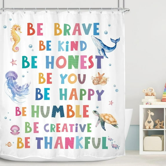 Kids Shower Curtain Ocean Whale Inspirational Quotes Funny Sea Animal Cute Cartoon Turtle Positive Motivational Bathroom Decor Colorful Baby 60Wx72H Bath Curtain Fabric Polyester 12 Pack Hooks