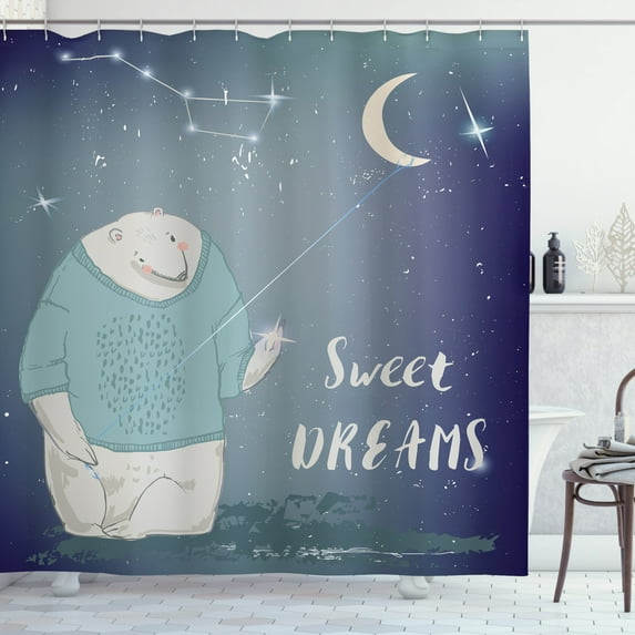 Kids Shower Curtain, Polar Bear in a Sweater Holding a Star in His Hand Sweet Dreams Print, Fabric Bathroom Set with Hooks, 69W X 70L Inches, Pale Grey Indigo Seafoam, by Ambesonne