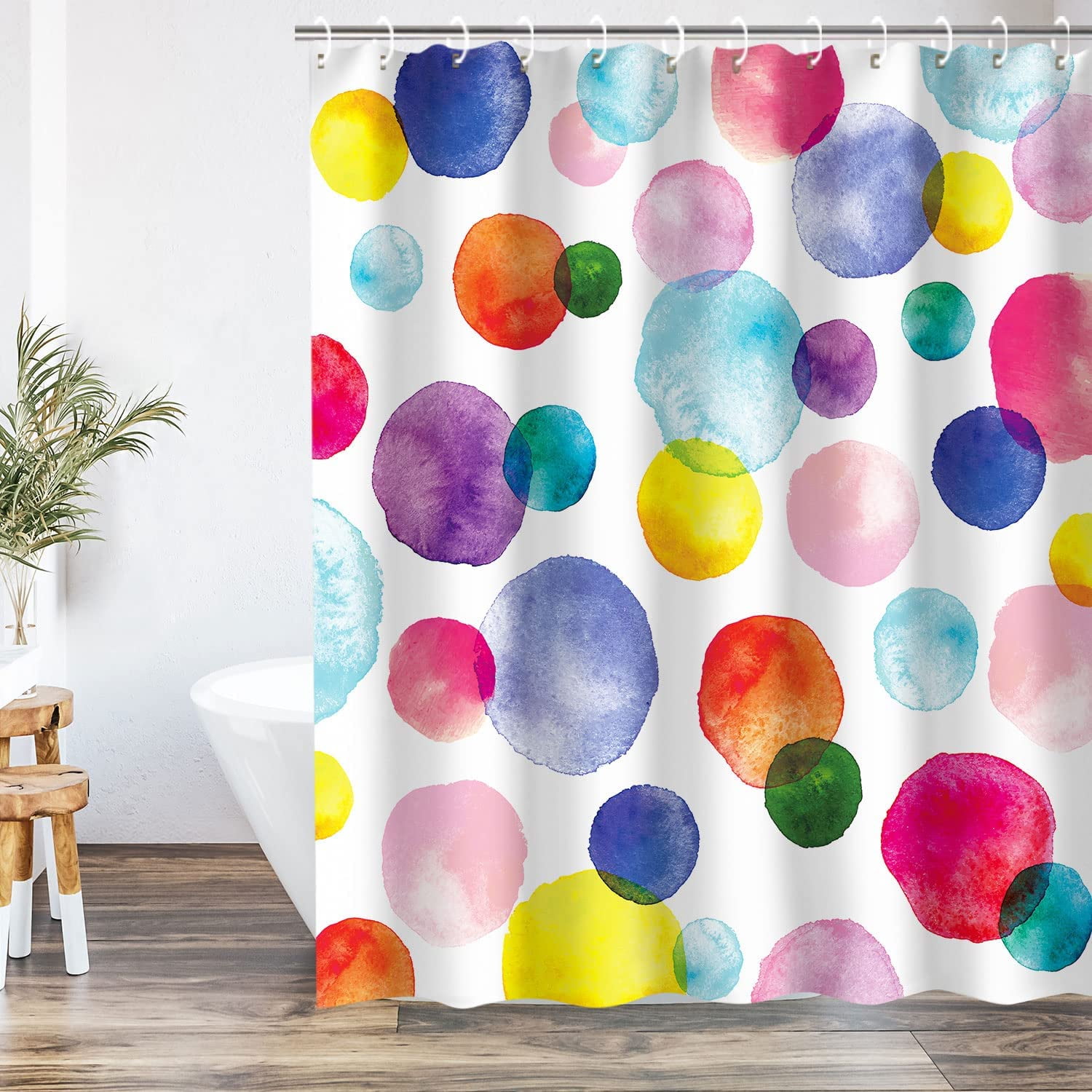 Kids Shower Curtain Set with 12 Hooks, Watercolor Polka Dot Circles Shower Curtain, Waterproof Washable Decor Bathroom Bubble Shower Curtain, 72 x 72 inches, Purple and Orange and Blue