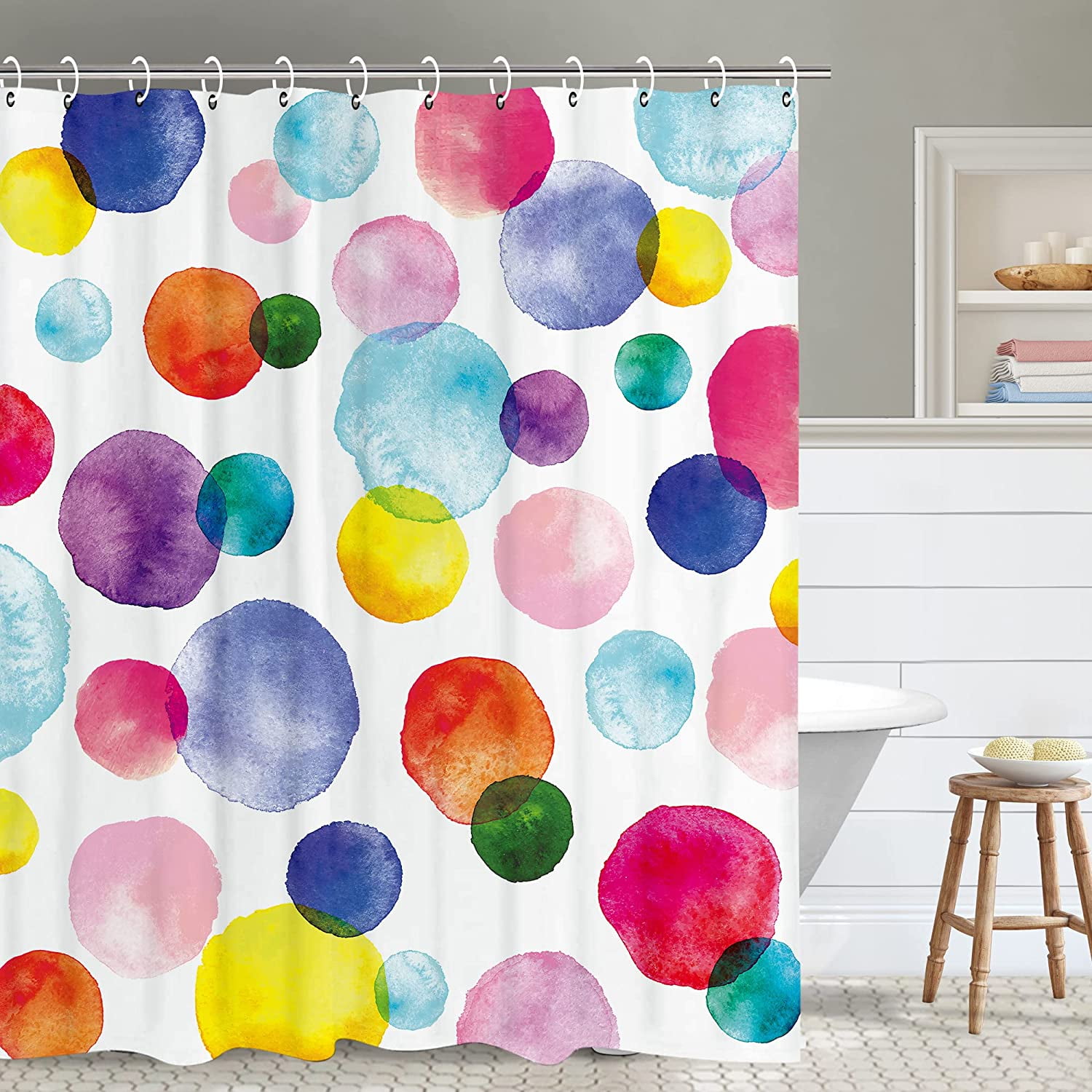 Kids Shower Curtain Set with 12 Hooks, Watercolor Polka Dot Circles Shower Curtain, Waterproof Washable Decor Bathroom Bubble Shower Curtain, 72 x 84 inches, Purple and Orange and Blue