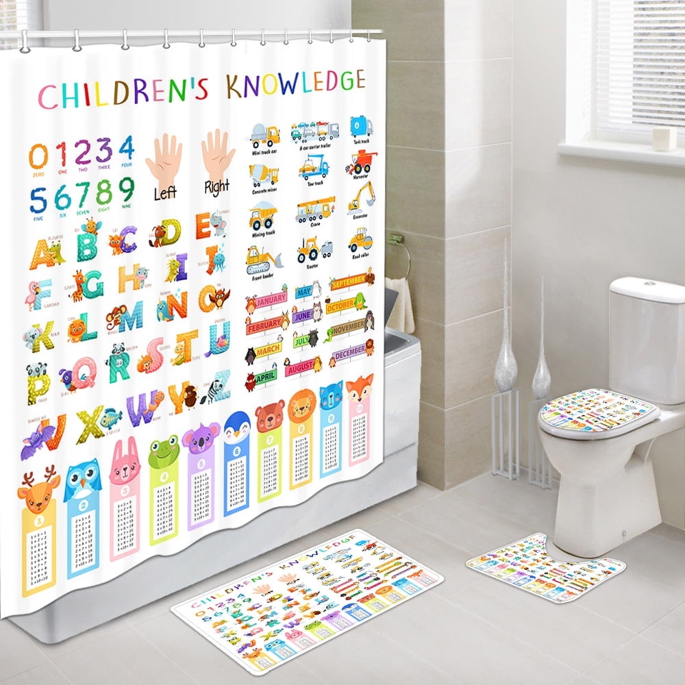 Drgilau Kids Shower Curtain Set and Rugs with Bath Rug Mat, Alphabet ...