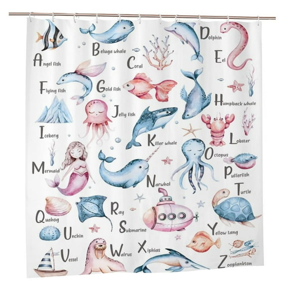 Kids Shower Curtain for Bathroom Decor Ocean Theme Alphabet ABC Educational Children Learning Funny Cartoon Sea Animal Art