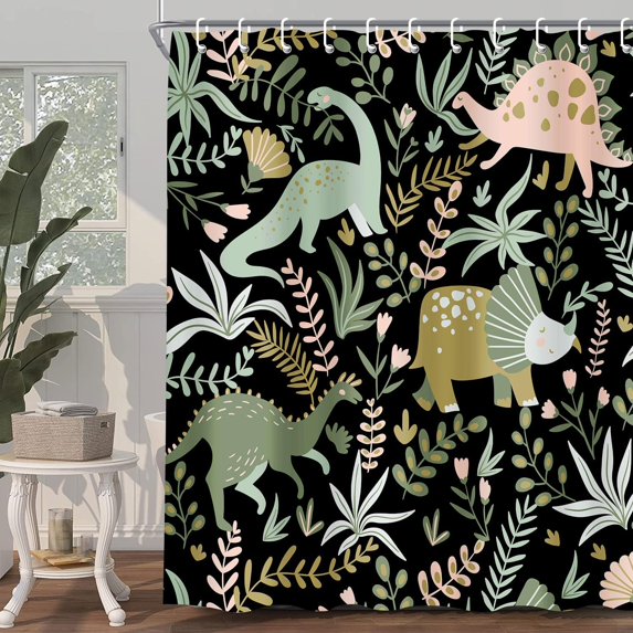 Kids Shower Curtains,Funny Dinosaur Shower Curtains, Cute Dinosaur for Boys Girls, Green Plant Leaf Flowers Colorful Bathroom Decor with Hooks Waterproof Fabric Polyester Bathtub Decorative
