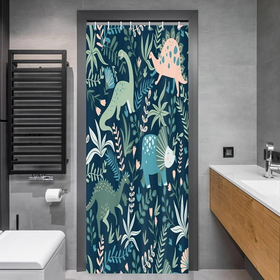 Kids Shower Curtains,Funny Dinosaur Shower Curtains, Cute Dinosaur for Boys Girls, Green Plant Leaf Flowers Colorful Bathroom Decor with Hooks Waterproof Fabric Polyester Bathtub Decorative