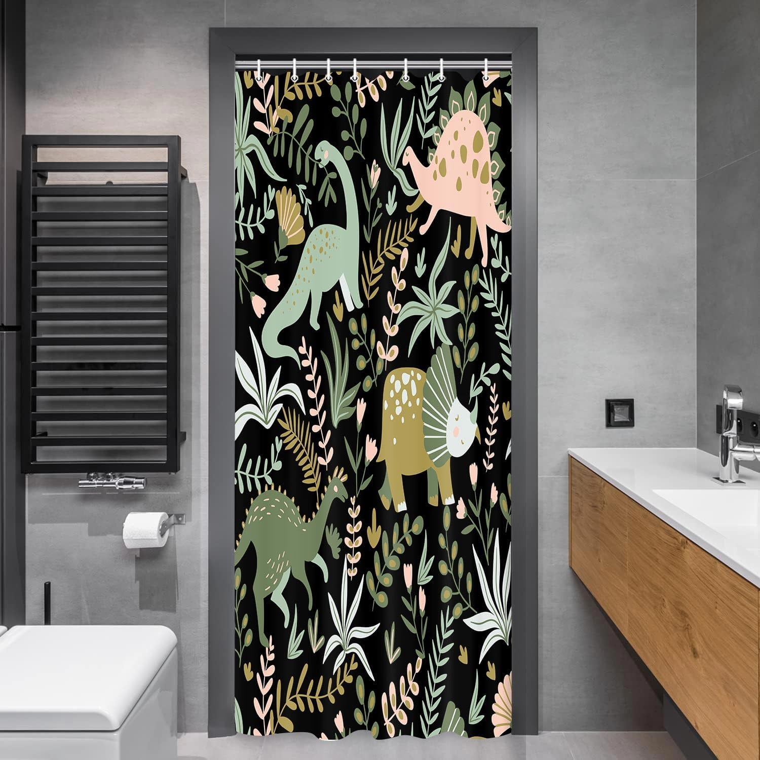 Kids Shower Curtains,Funny Dinosaur Shower Curtains, Cute Dinosaur for Boys Girls, Green Plant Leaf Flowers Colorful Bathroom Decor with Hooks Waterproof Fabric Polyester Bathtub Decorative
