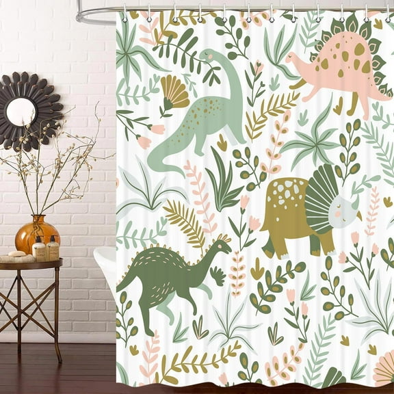 Kids Shower Curtains,Funny Dinosaur Shower Curtains, Cute Dinosaur for Boys Girls, Green Plant Leaf Flowers Colorful Bathroom Decor with Hooks Waterproof Fabric Polyester Bathtub Decorative