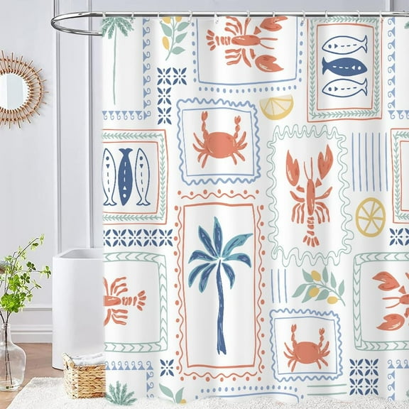Kids Shower Curtains Sets Cute Sea Tropical Summer Geometric Design Bathroom Curtains Animals Palm Tree Lobster Fabric Shower Curtains Waterproof-72"W x 72"L (Pack of 1)