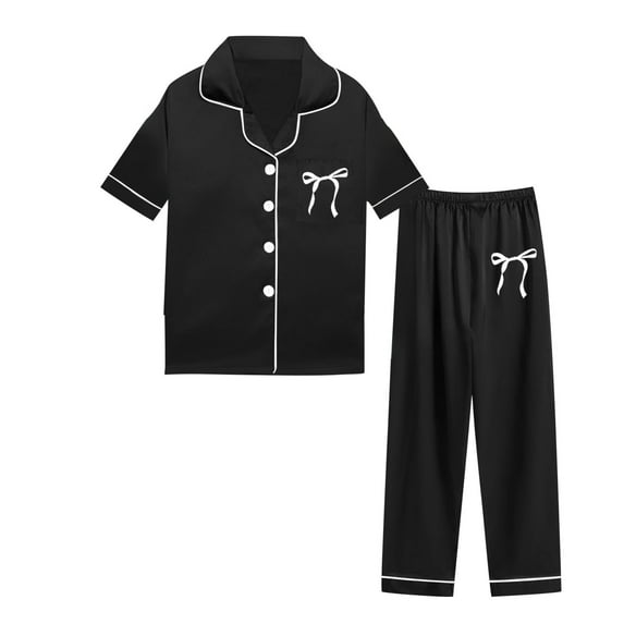 Kids Silk Pajama Set for Girls Boys Bowknot Print Short Sleeve Button Down Sleepwear with Pants Set Pajamas Sleepwear Outfits Cute Clothes for Girls 5-6 years