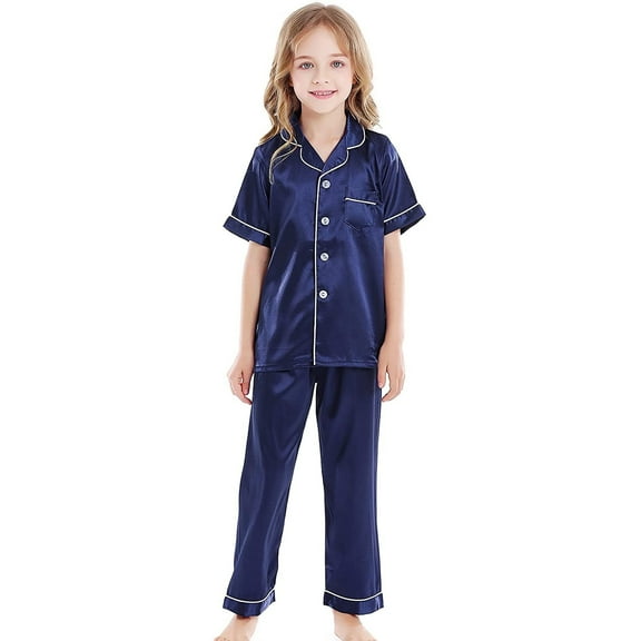 Kids Silk Pajama Set Short Sleeve Button Down Shirts Pants Summer Outfits for Girls Clothes Size 4T