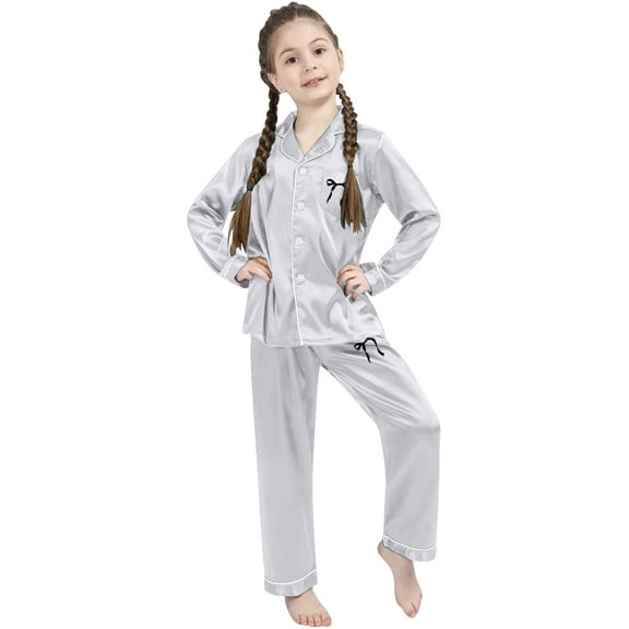 Kids Silk Pajama Set for Girls Boys 2 PC Bowknot Button Down Tops Set Classic Pajamas Set Boy Pajamas Size 7-8 Years