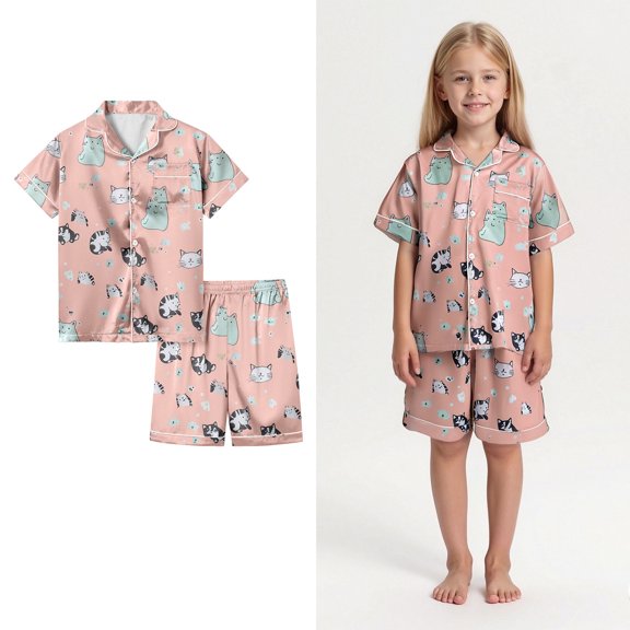 Kids Silk Pajamas Cute Cartoon Pjs Short Sleeve Button Down Shirt Comfy Teen Pajama Sets 10-11 Years