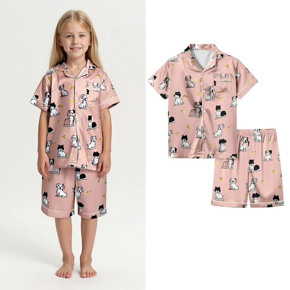 Kids Silk Pajamas Cute Cartoon Pjs Short Sleeve Button Down Shirts Fall Kids Pjs 8-9 Years