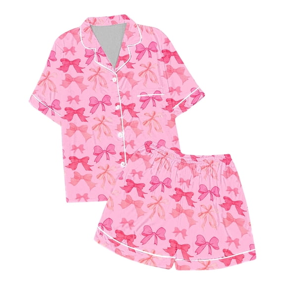 Kids Silk Pajamas Girls Bow Print Button Down Solid Tops T Shirt Set Girls Casual Pajamas Set Silk Pjs for Girls 6-7 Years Kids Clothes