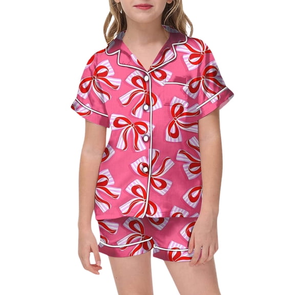 Kids Silk Pajamas Girls Bow Tie Printed Trendy Short Sleeve Shirt Tops Shorts Pants Valentine's Day Pjs Sleepwear Set 2 Piece Pjs for Girls Kids Gifts 10-11 Years