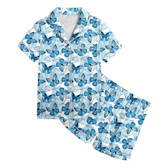 Kids Silk Pajamas Girls Butterfly Printed Short Sleeve Button-Down Top Shorts Set Toddler Summer Pajamas Kids Pajamas Girls 8-9 Years