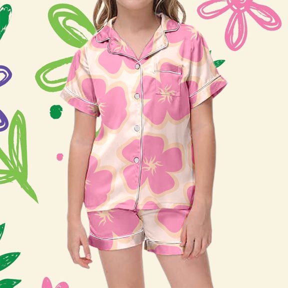 Kids Silk Pajamas Girls Button Down Floral Print Short Sleeve Comfortable Sleepwear Set Two-Piece Pj Sleepwear Sets Hot Pink,110