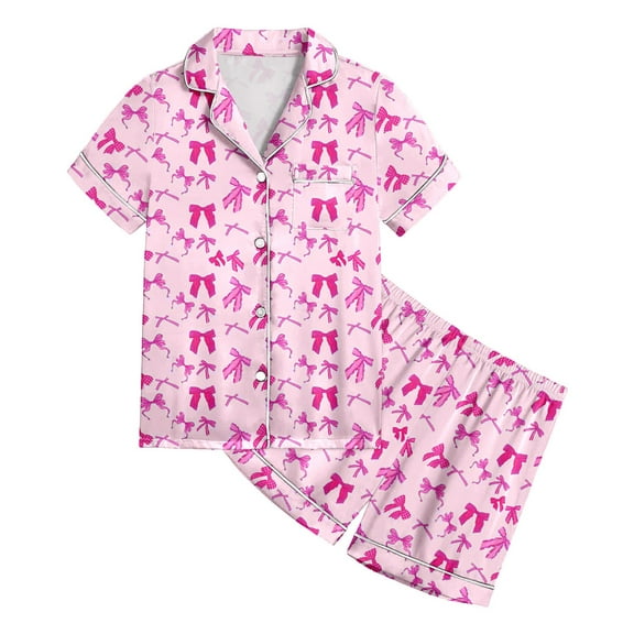 Kids Silk Pajamas Girls Cute Bow Tie Print Short Sleeve Button Down Nightwear with Shorts Set Holiday Pajamas 7-8 Years Kids Pajamas Girls